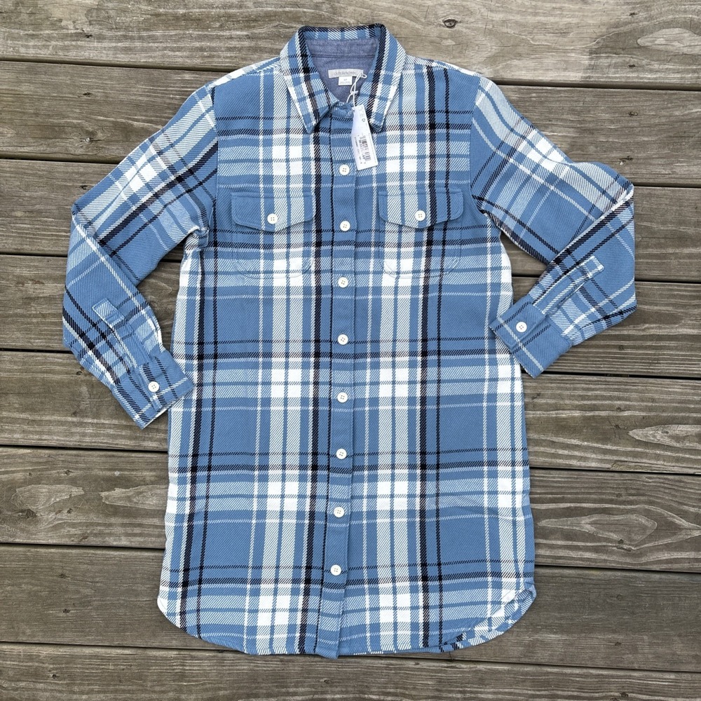 OUTERKNOWN Women's S Blanket Shirt Dress Organic Cotton Twill Blue White Plaid